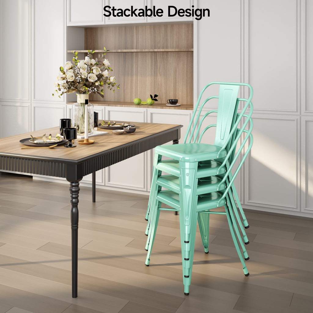 Metal Dining Chairs Set of 4, Modern Stackable Patio Chair, Mint Green