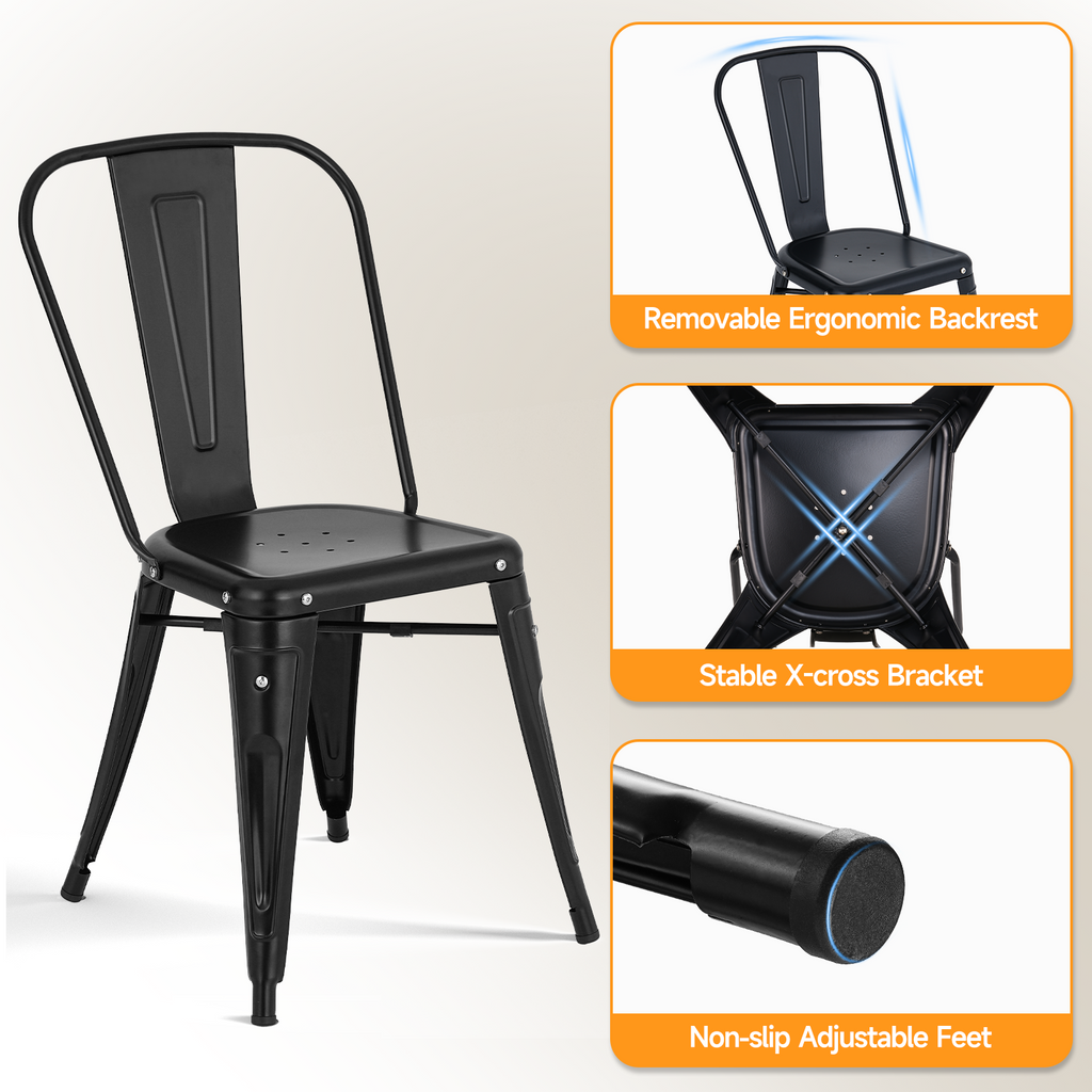 Metal Dining Chairs Set of 4, Modern Stackable Patio Chairs, Black