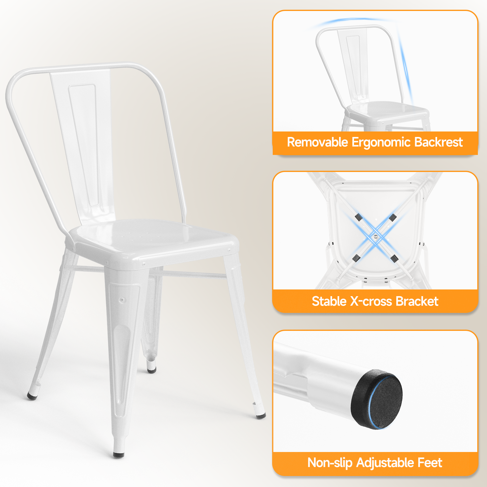 Metal Dining Chairs Set of 4, Modern Stackable Patio Chairs, White