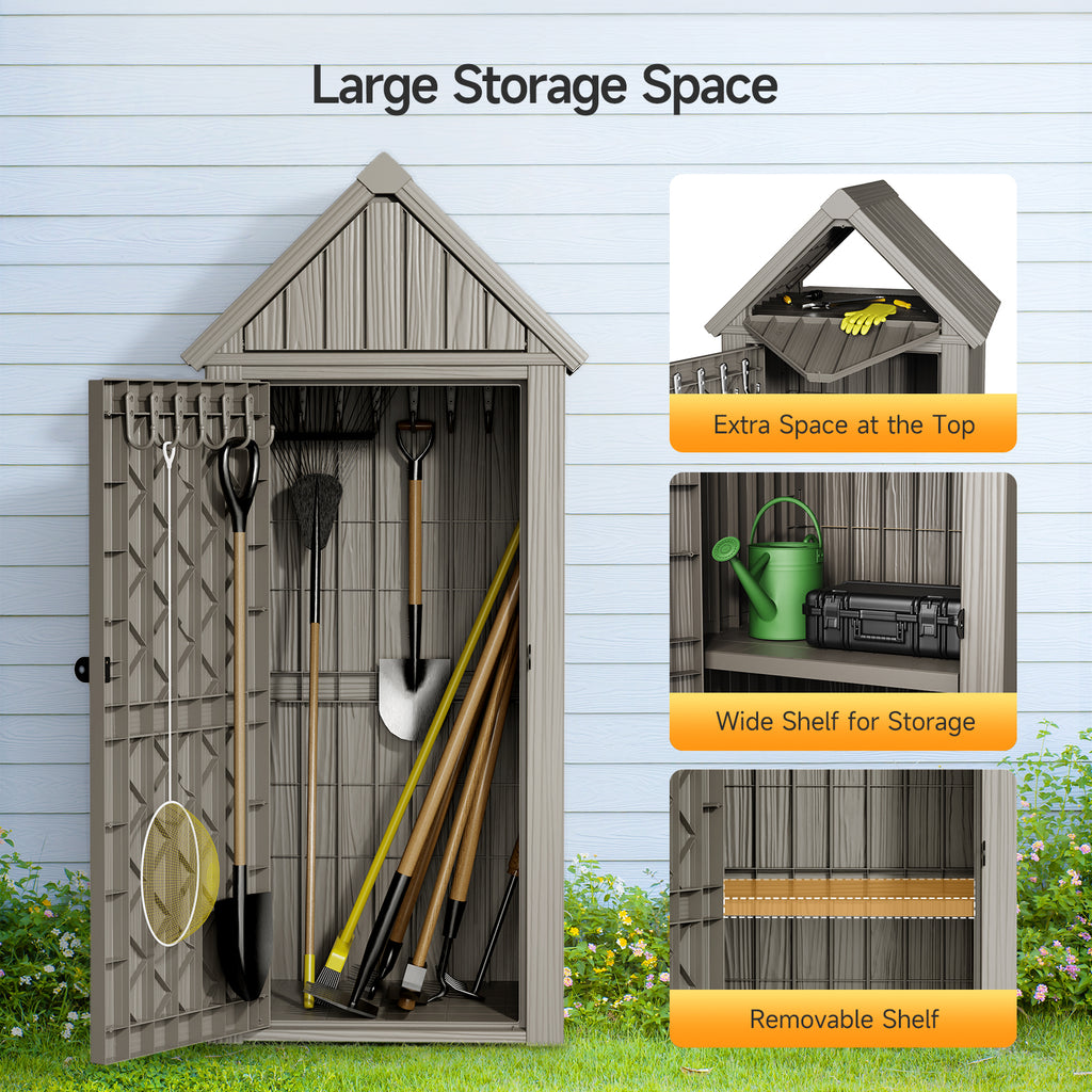 Outdoor Tool Storage Shed with Removable Shelf and Sloped Roof, Brown