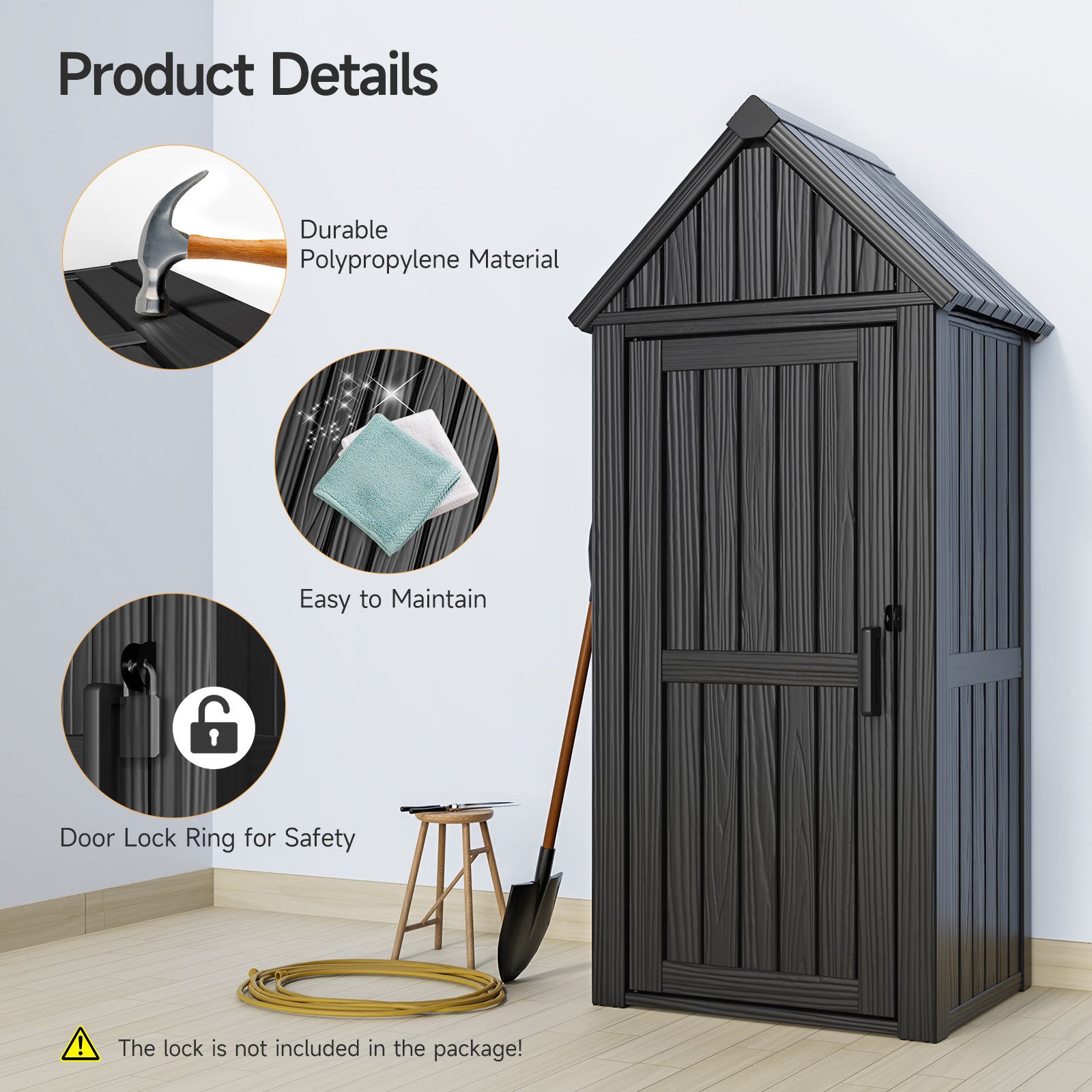 Outdoor Tool Storage Shed with Removable Shelf and Sloped Roof, Gray