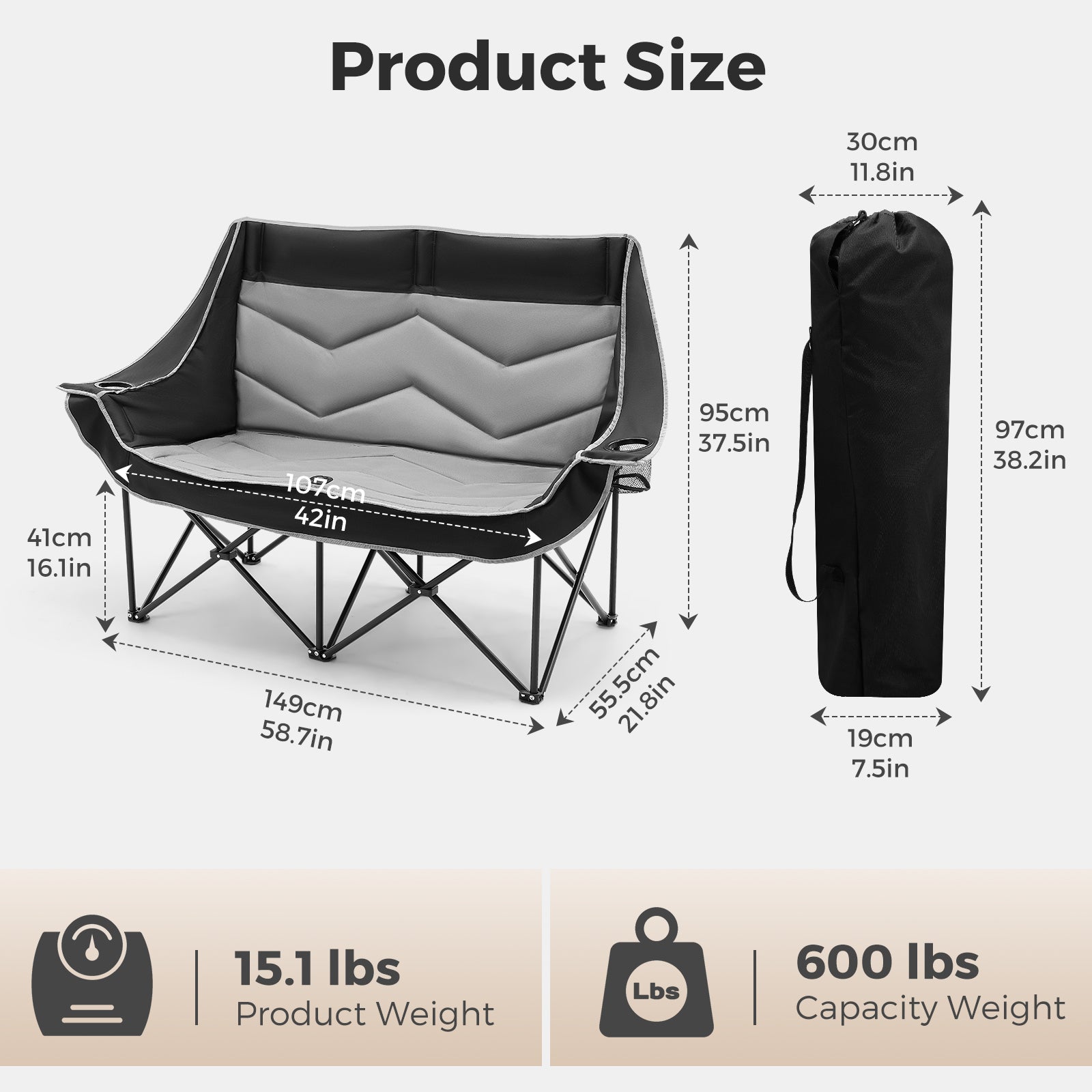 Oversized 2 Person Double Camping Chair Folding Loveseat Camping Bench