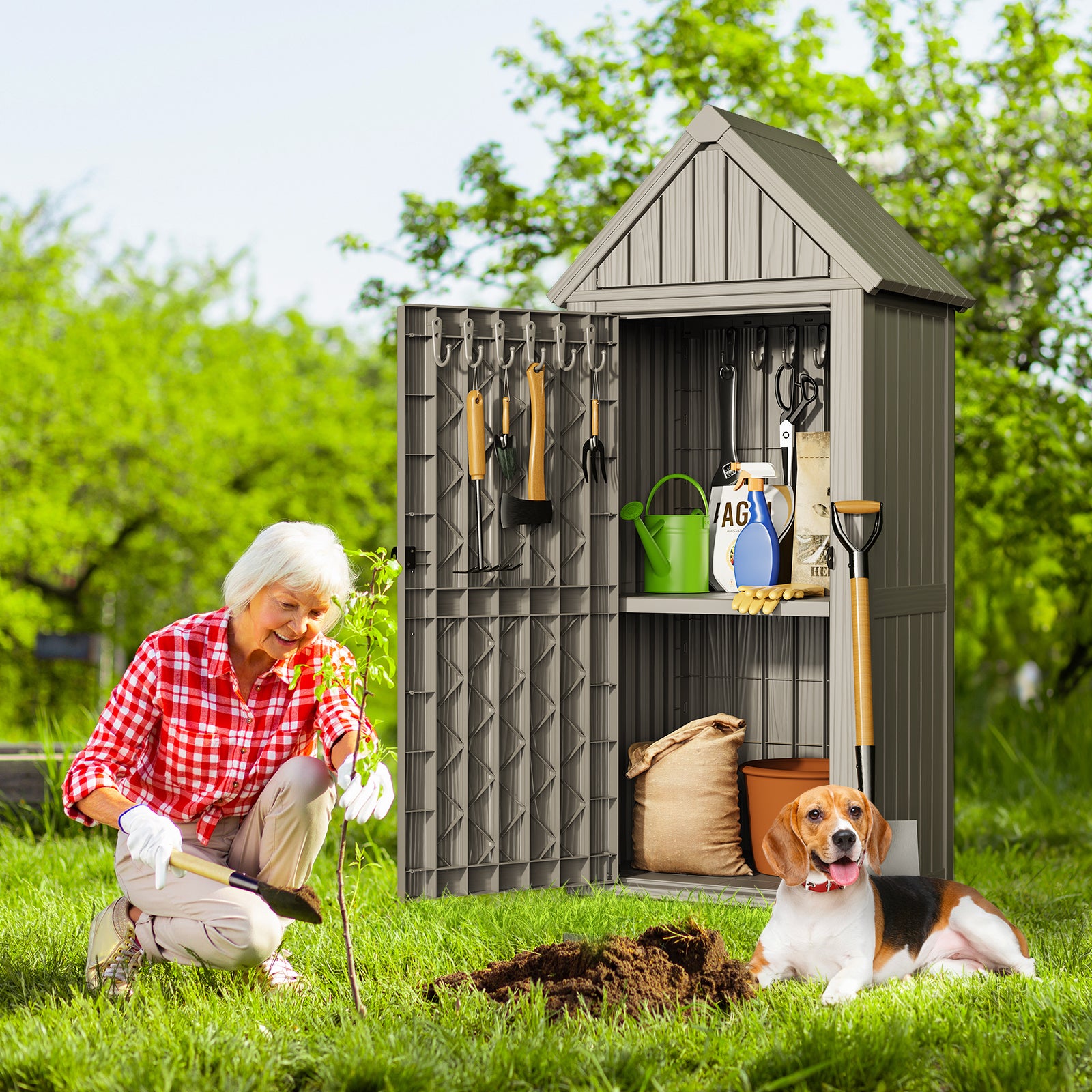 Outdoor Tool Storage Shed with Removable Shelf and Sloped Roof, Brown
