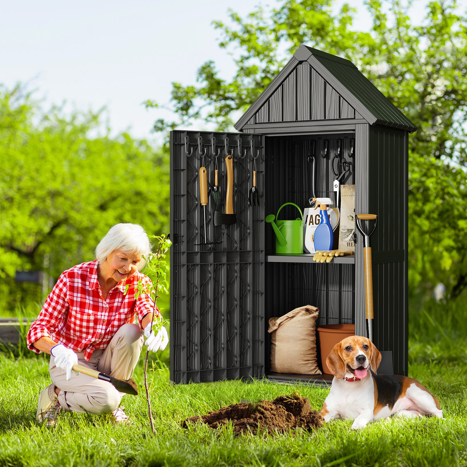 Outdoor Tool Storage Shed with Removable Shelf and Sloped Roof, Gray